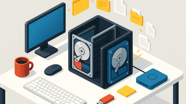 Desk setup with a monitor, keyboard, mouse, USB drive, coffee mug, and a dual hard-drive enclosure for storage. - how-to-move-or-change-the-location-of-my-documents-folder-featured