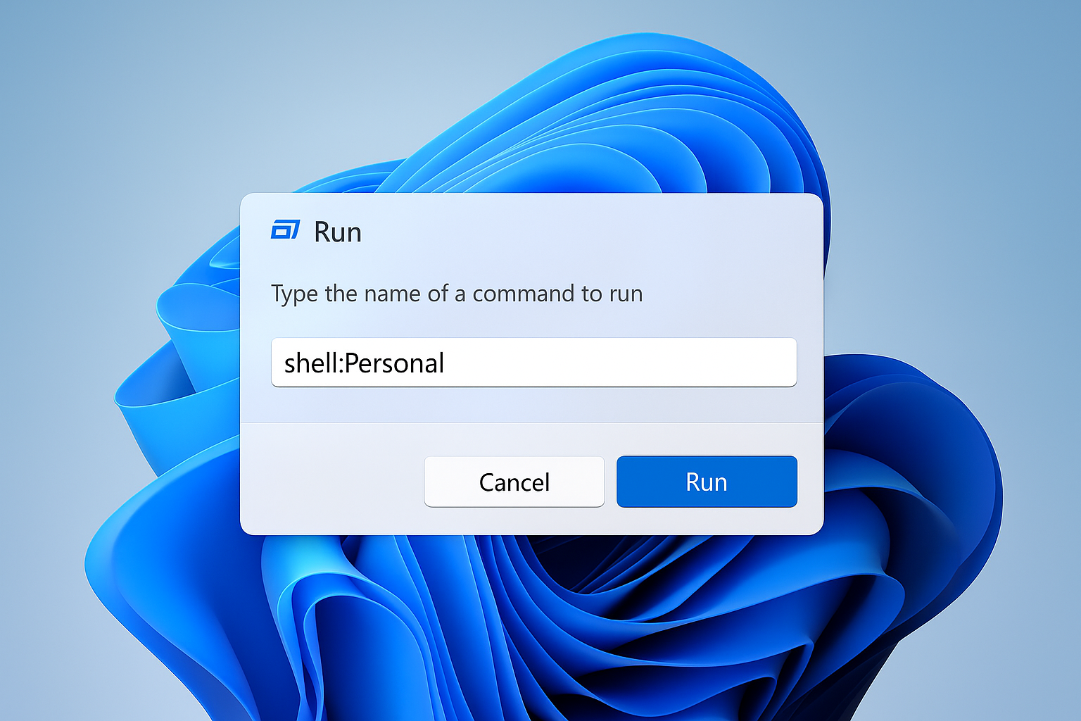 Windows 11 Run dialog with shell:Personal command entered