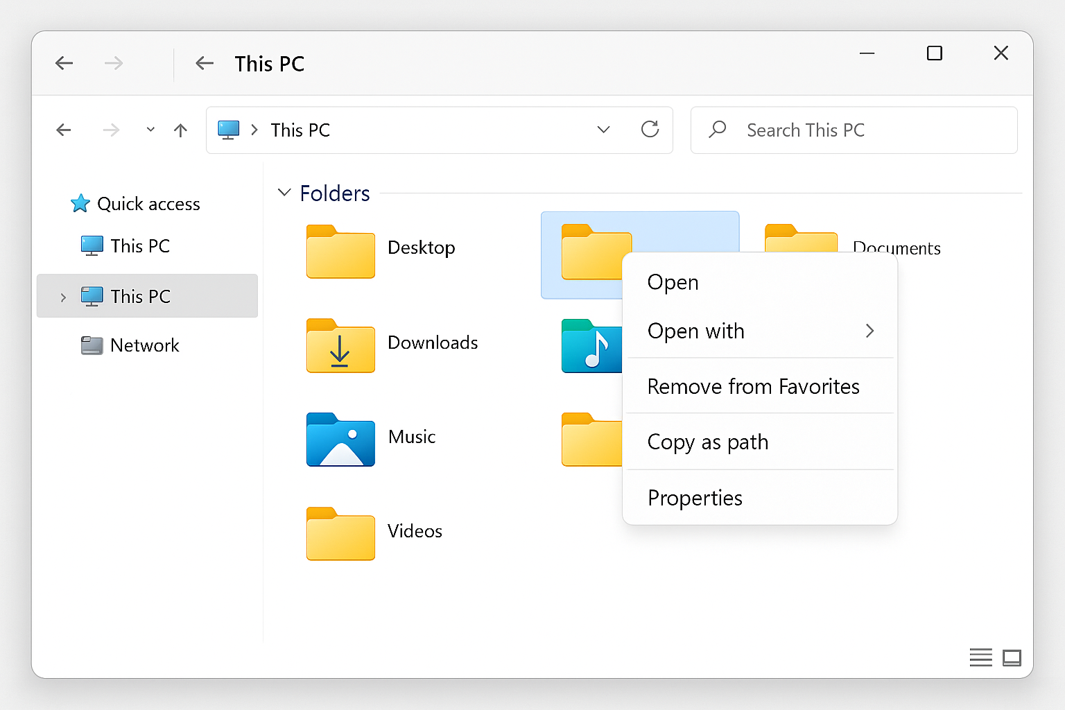 Windows 11 File Explorer This PC view with Documents folder right-click menu showing Properties option