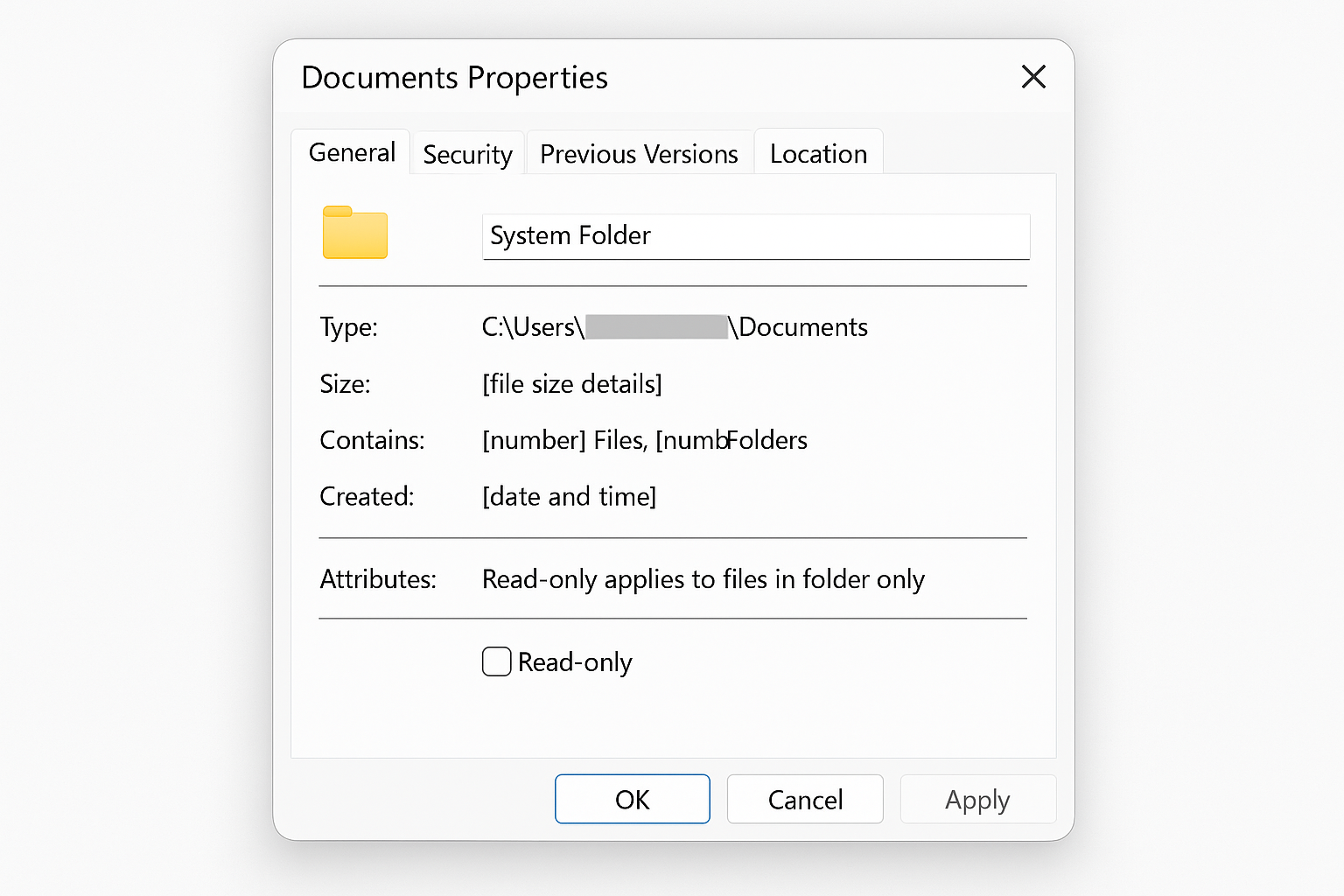 Windows 11 Documents Properties dialog Location tab showing current folder path