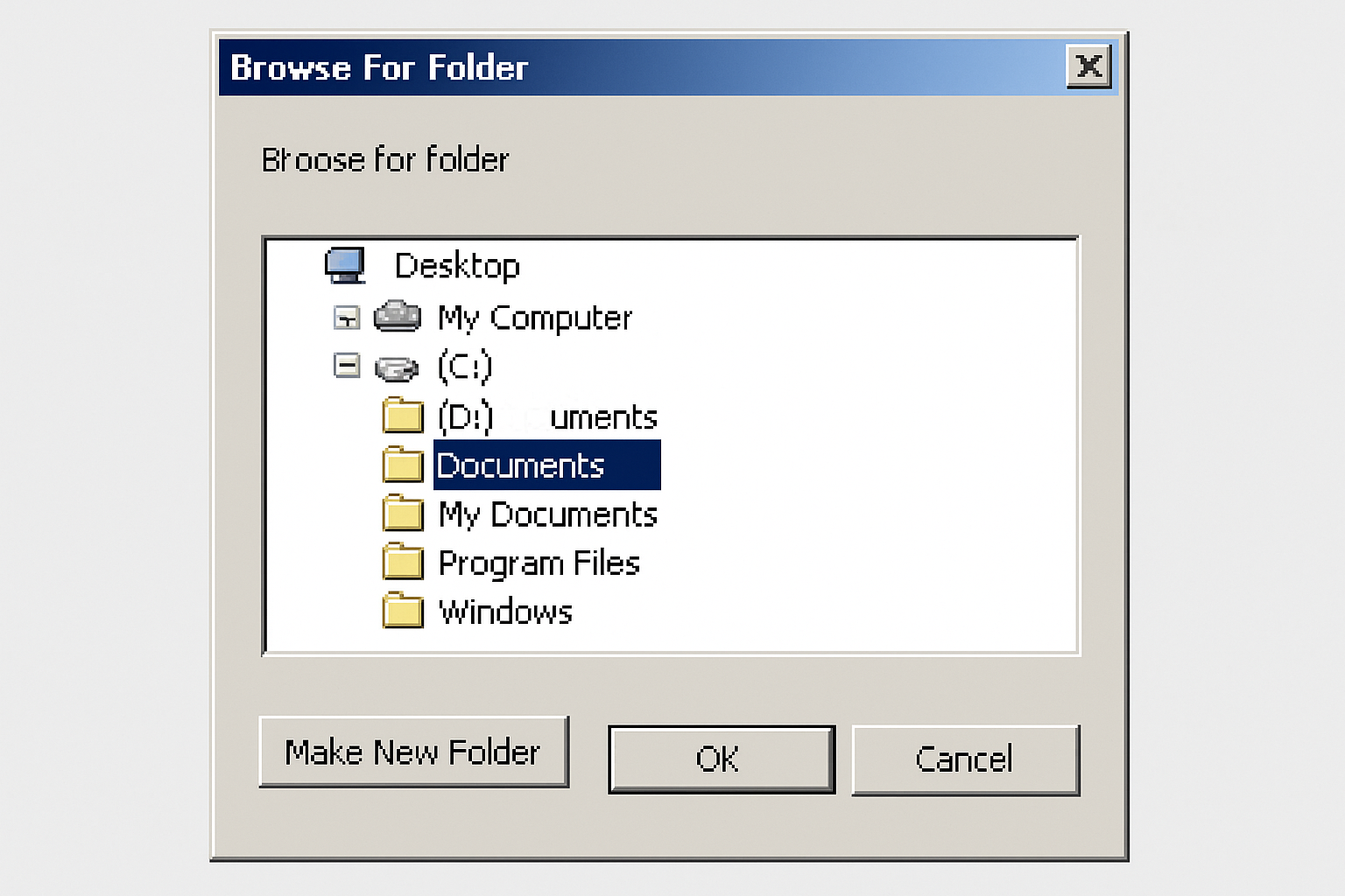 Windows 11 Browse for Folder dialog with D drive Documents folder selected