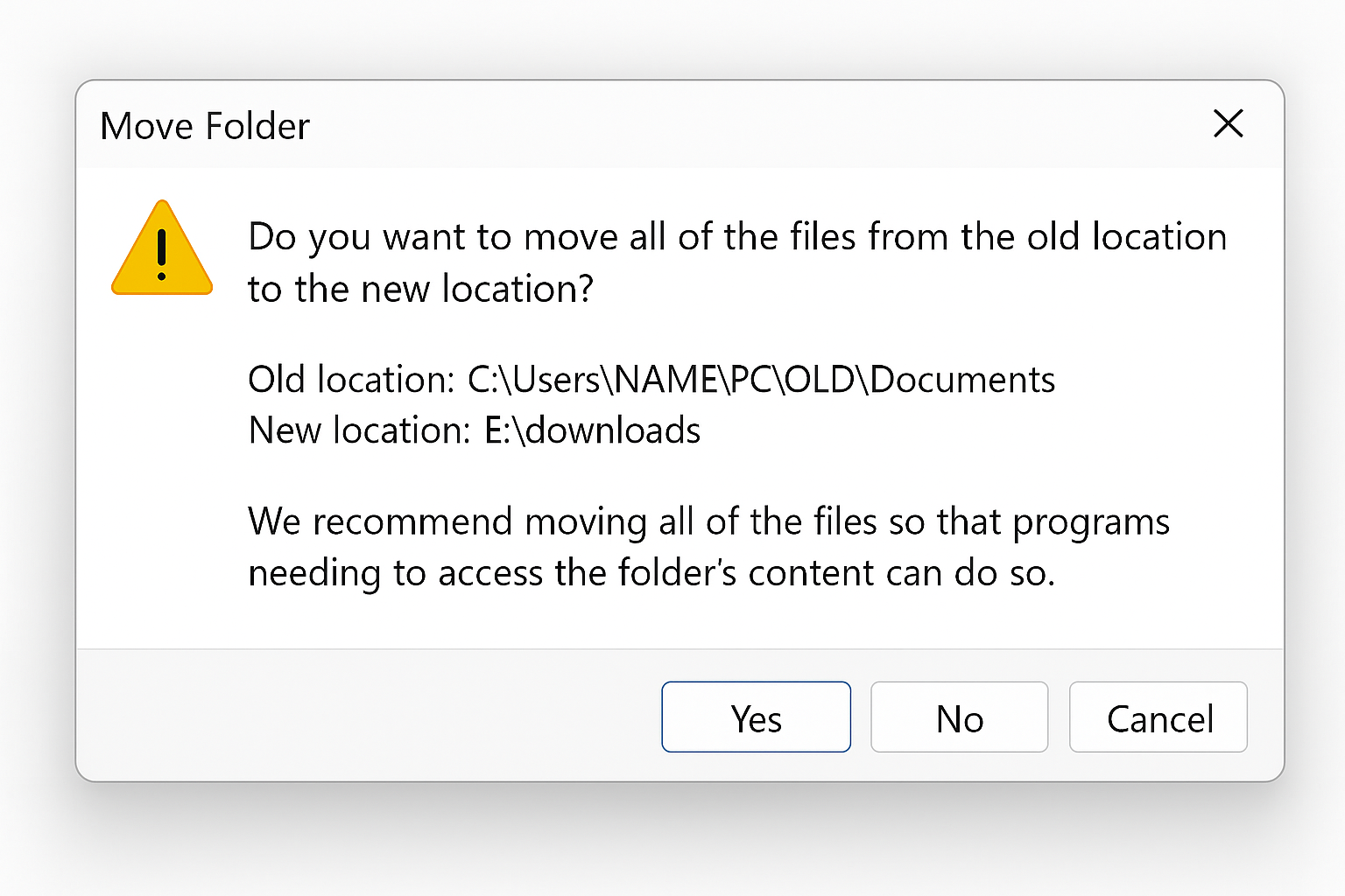 Windows 11 dialog asking "Do you want to move all the files from the old location to the new location?"
