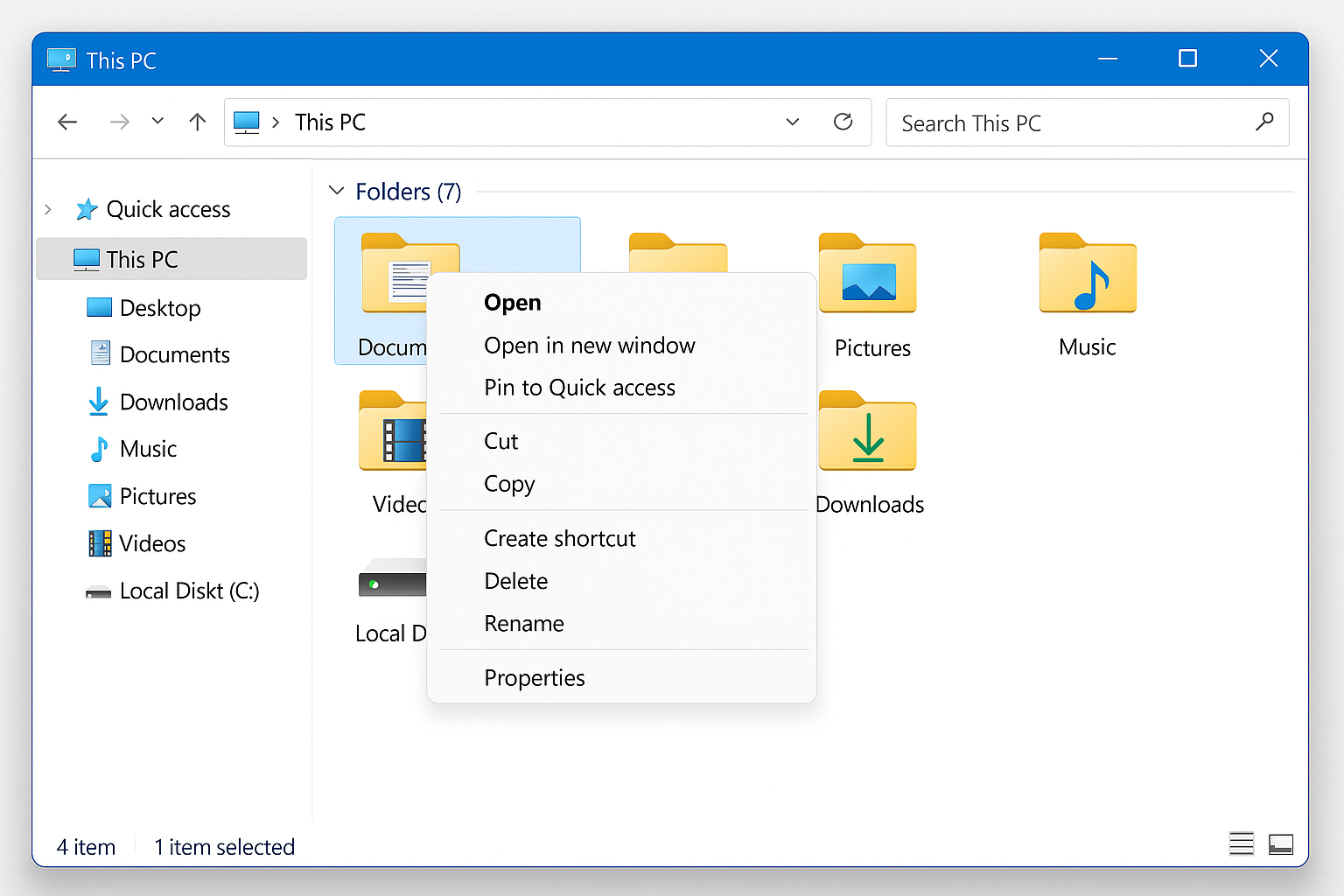 Windows 10 File Explorer This PC view with Documents folder context menu