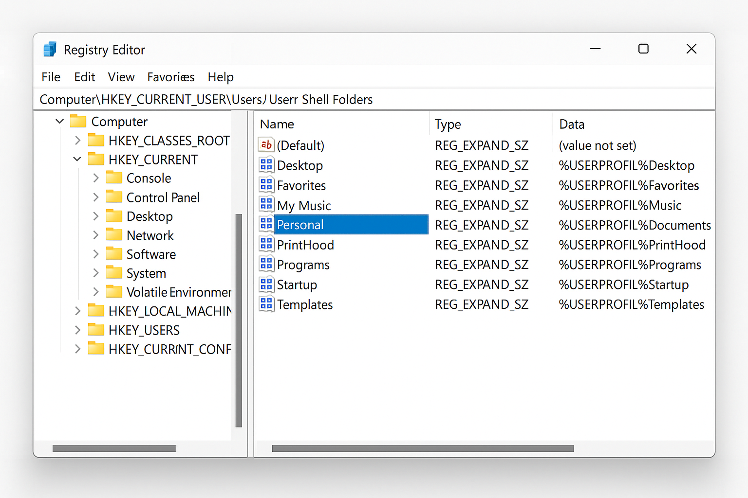 Windows 11 Registry Editor showing User Shell Folders with Personal entry highlighted
