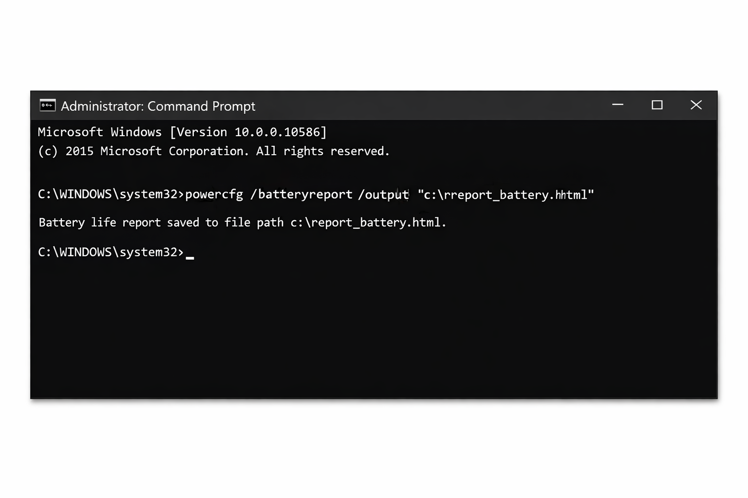 Command Prompt showing powercfg /batteryreport command execution with file path output