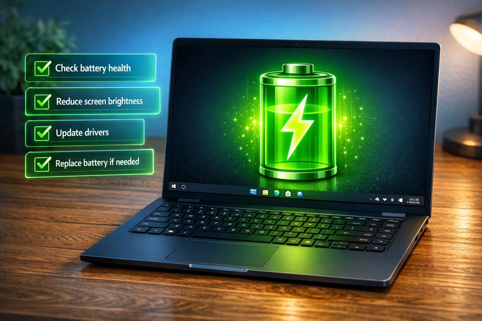 Laptop on desk with glowing battery icon and efficiency checklist nearby.