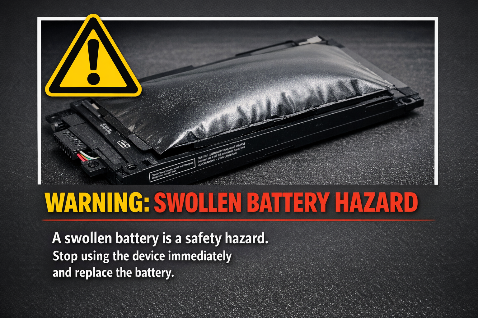 Swollen damaged laptop battery with warning hazard symbol overlay.