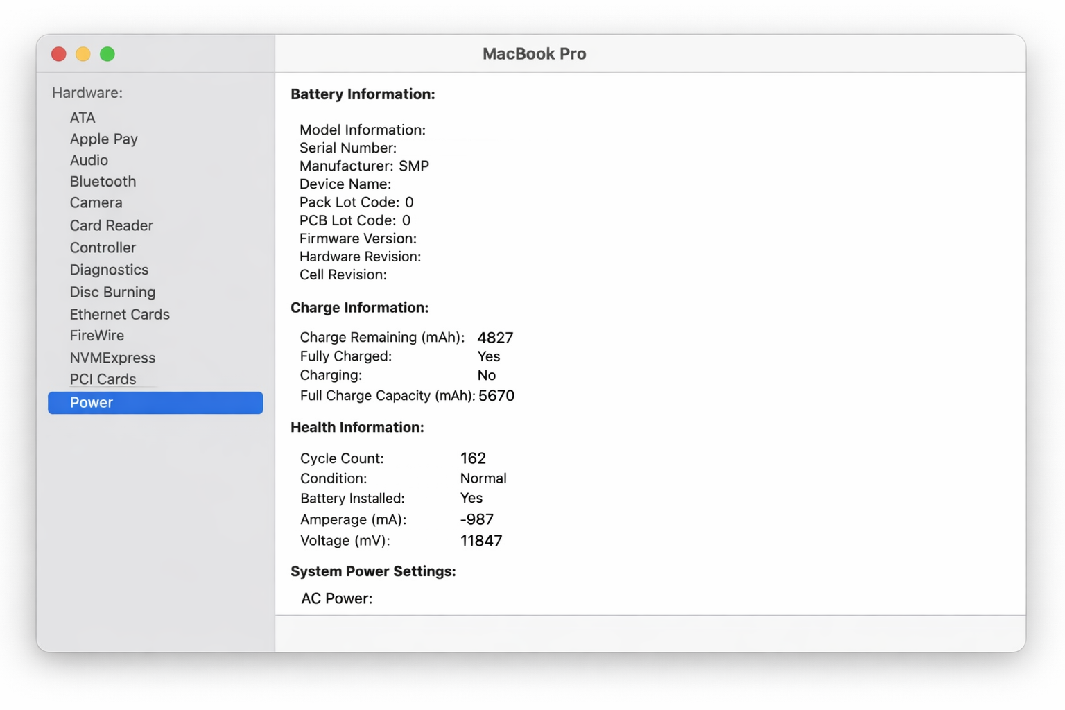 macOS System Information Power section showing battery condition and cycle count