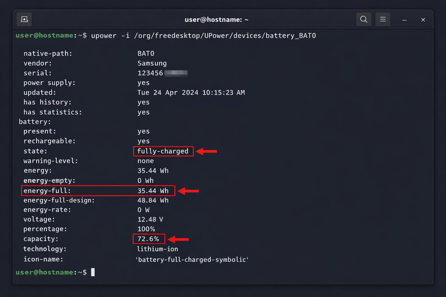 Terminal showing upower command output with battery capacity, energy-full, and state fields highlighted