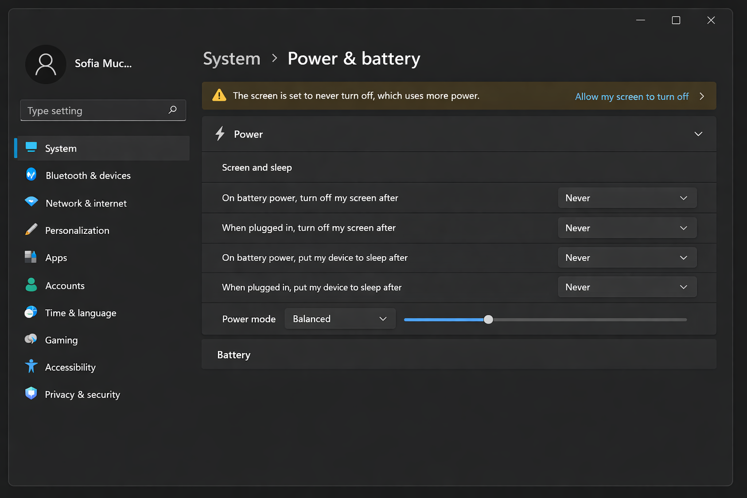 Windows 11 Power & battery settings with Screen and sleep options set to Never