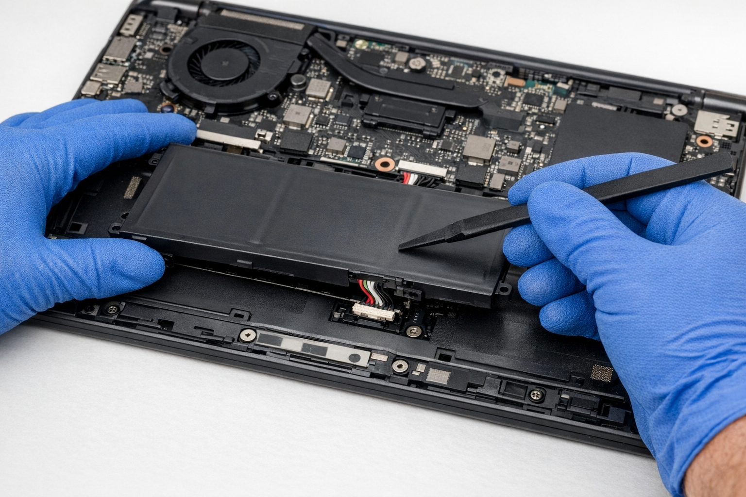 Hands carefully removing a laptop battery from an open laptop.