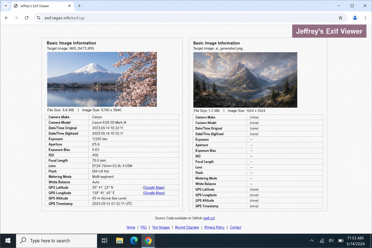 Jeffrey's Exif Viewer results page showing a metadata-rich authentic image with Camera Model, GPS, and timestamp fields visible, contrasted with a stripped image showing empty fields