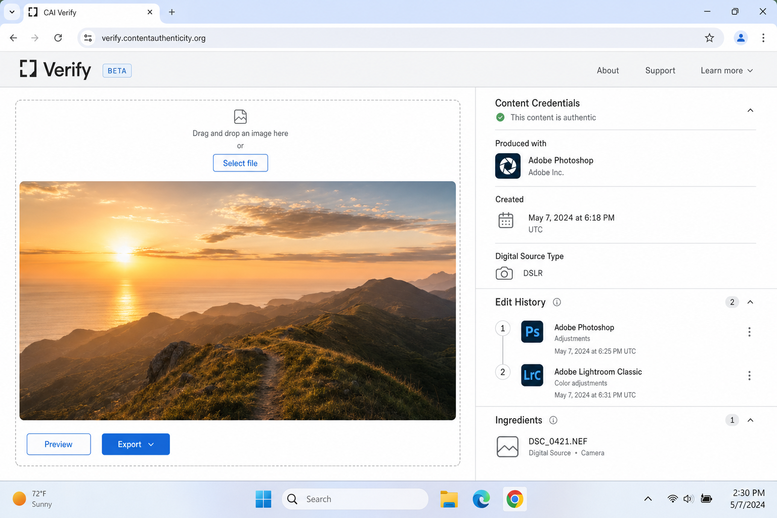 C2PA Verify tool interface showing the image upload area and an example provenance results panel with creation tool and edit history fields