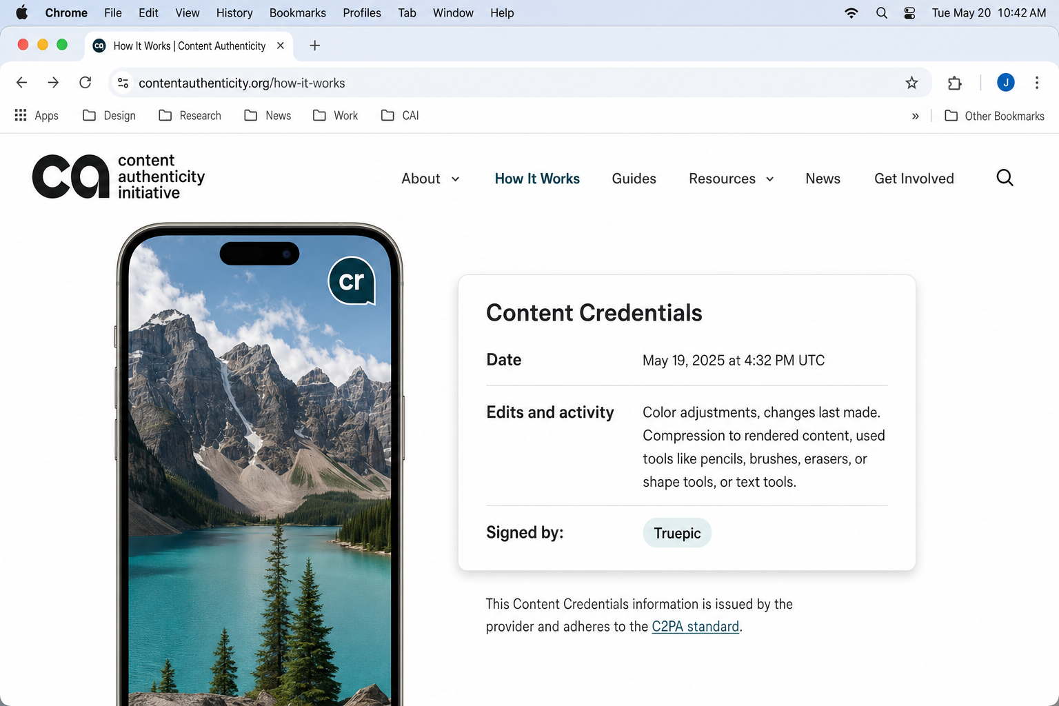 Content Authenticity Initiative "How It Works" page showing the CR badge visual and an example of what provenance data looks like when the badge is clicked