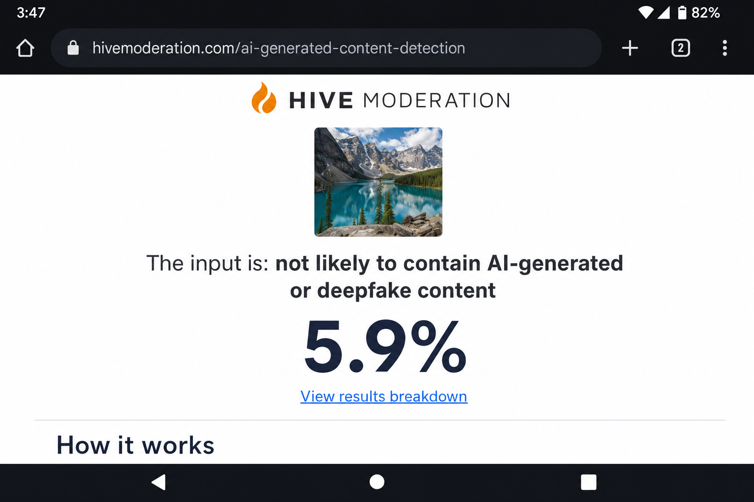 Hive Moderation results page showing a confidence score percentage output and the AI-generated versus real verdict display after image analysis