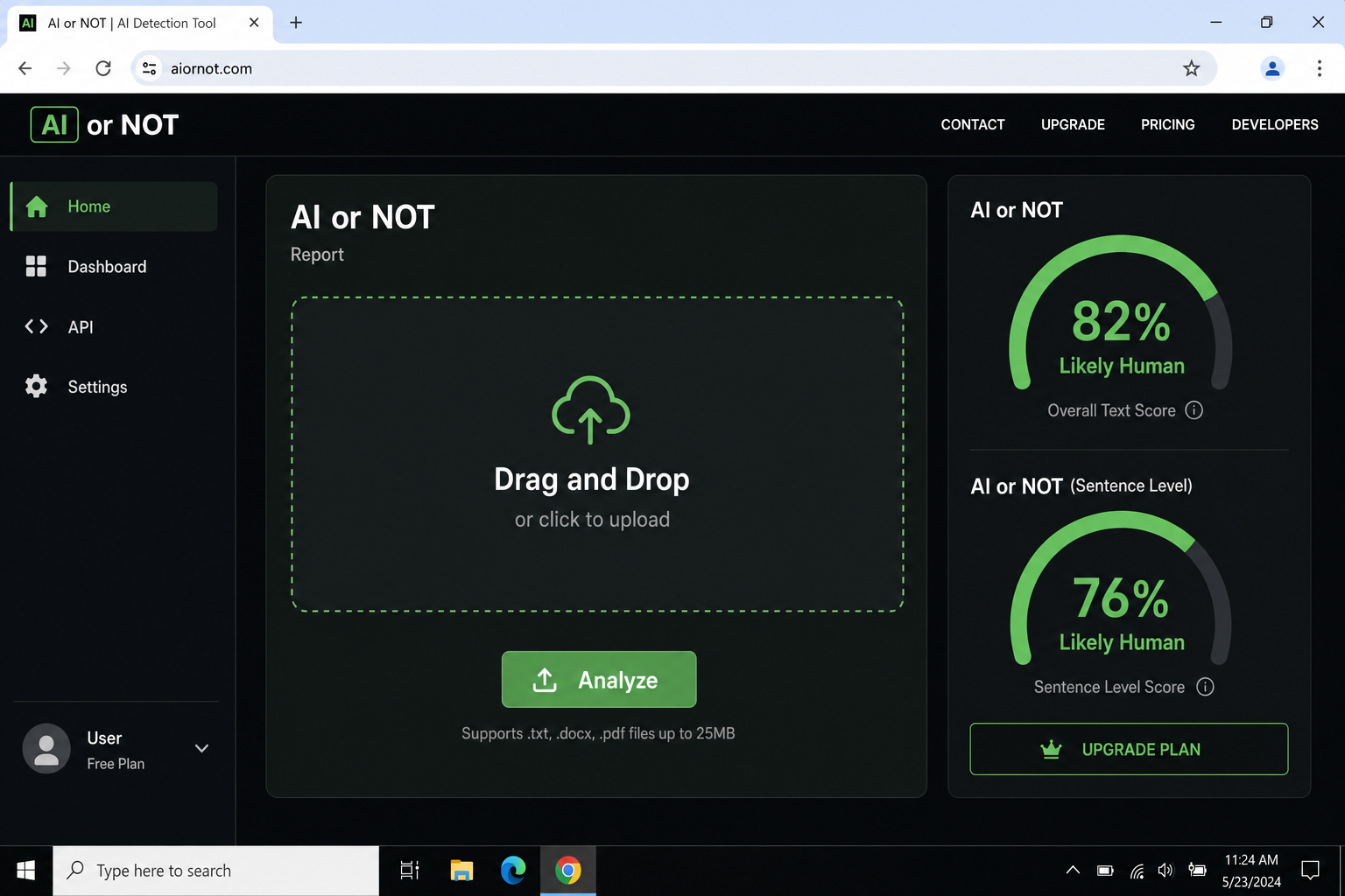AI or Not homepage showing the image submission area with the upload button and drag-and-drop zone for checking whether an image is AI-generated
