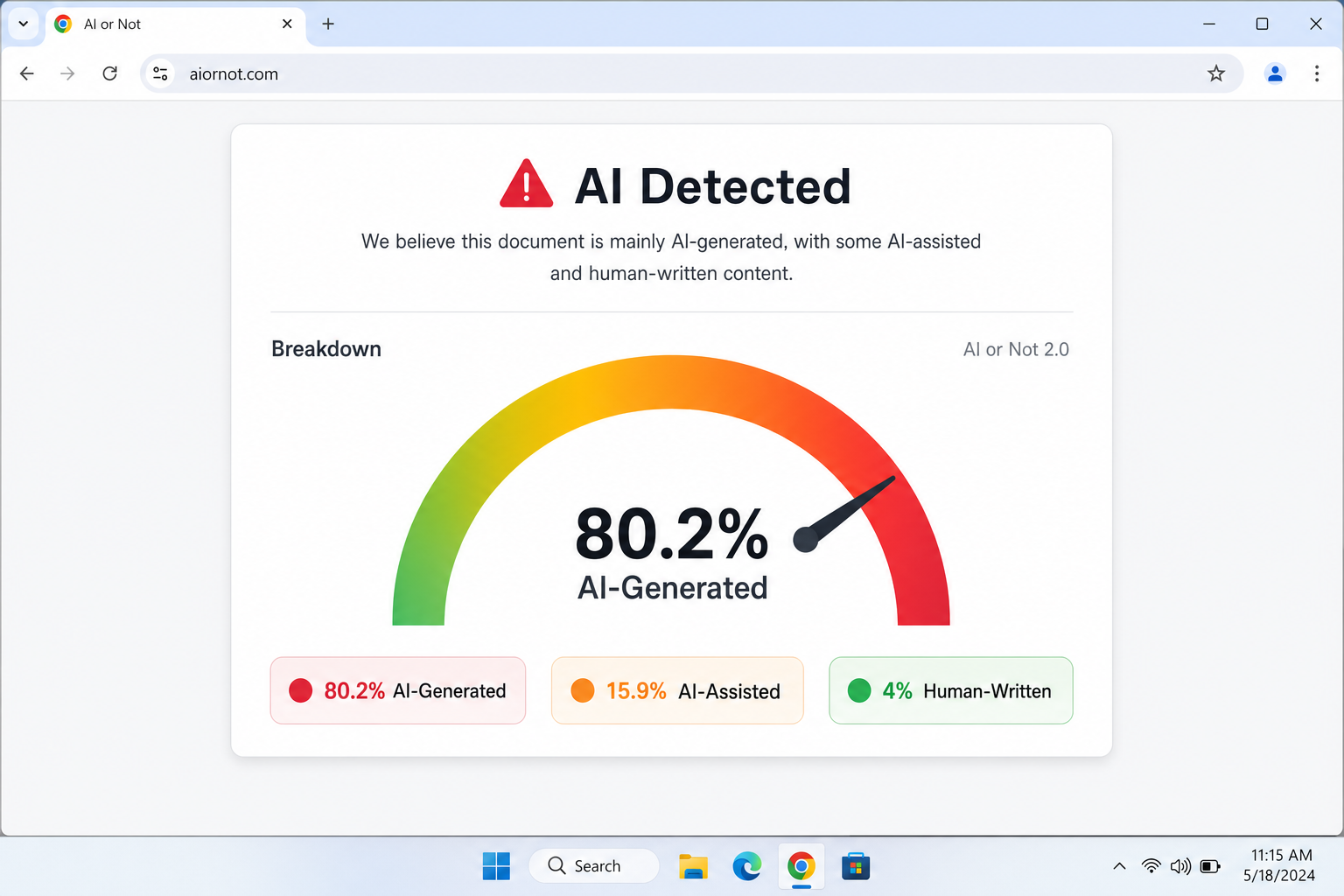 AI or Not results page showing the confidence score percentage and the AI-generated versus human-made verdict after image submission