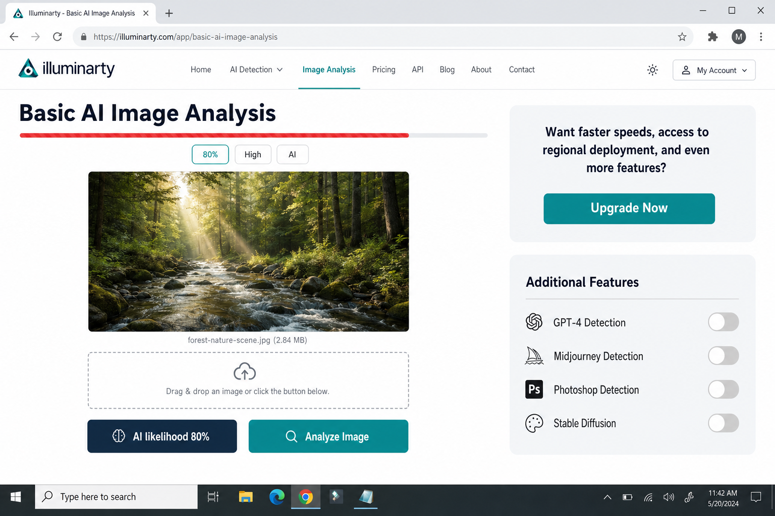 Illuminarty upload interface showing the image submission area where users can upload a file or paste a URL to check AI probability