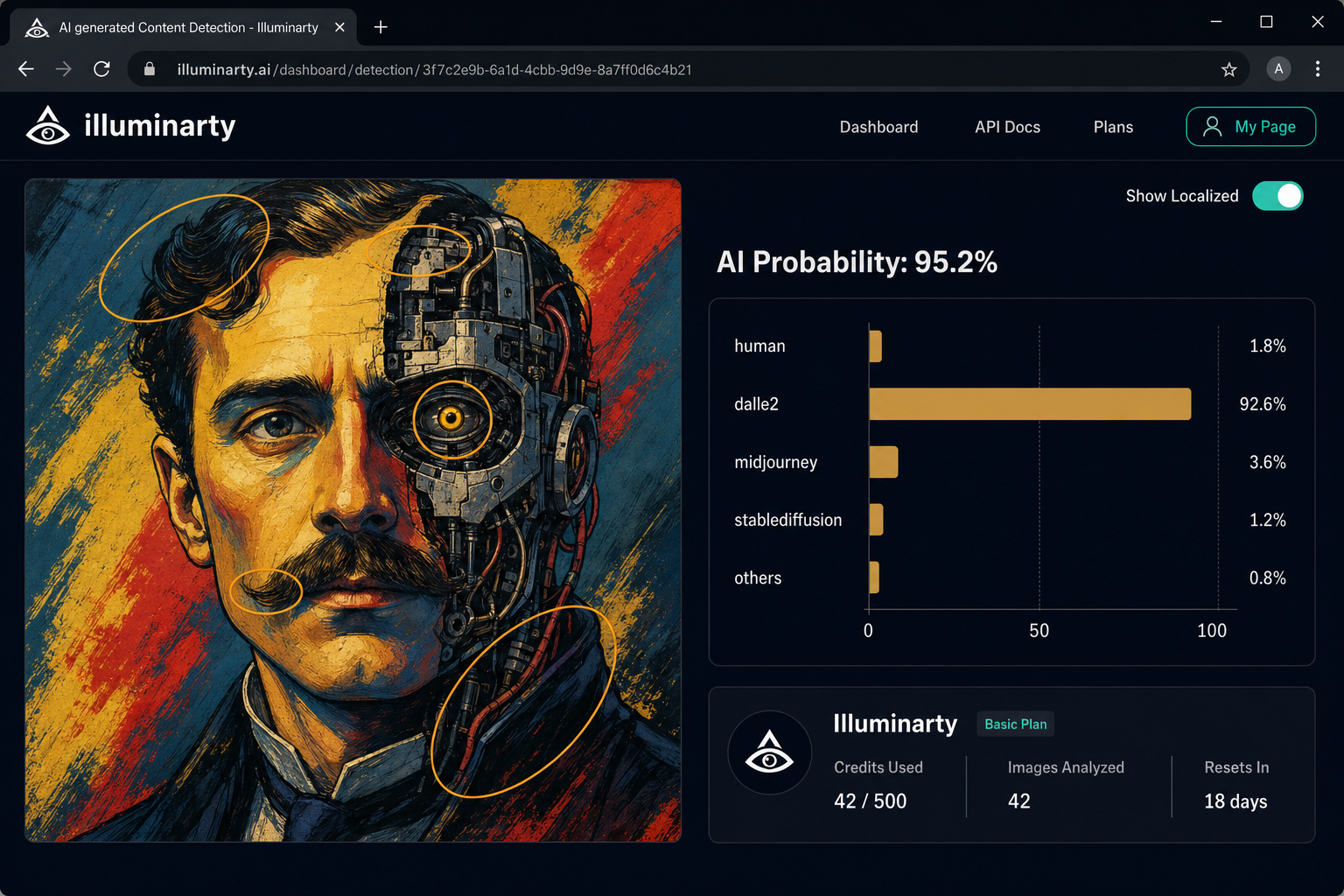 Illuminarty results page showing the AI probability percentage output and any highlighted suspicious regions of the submitted image