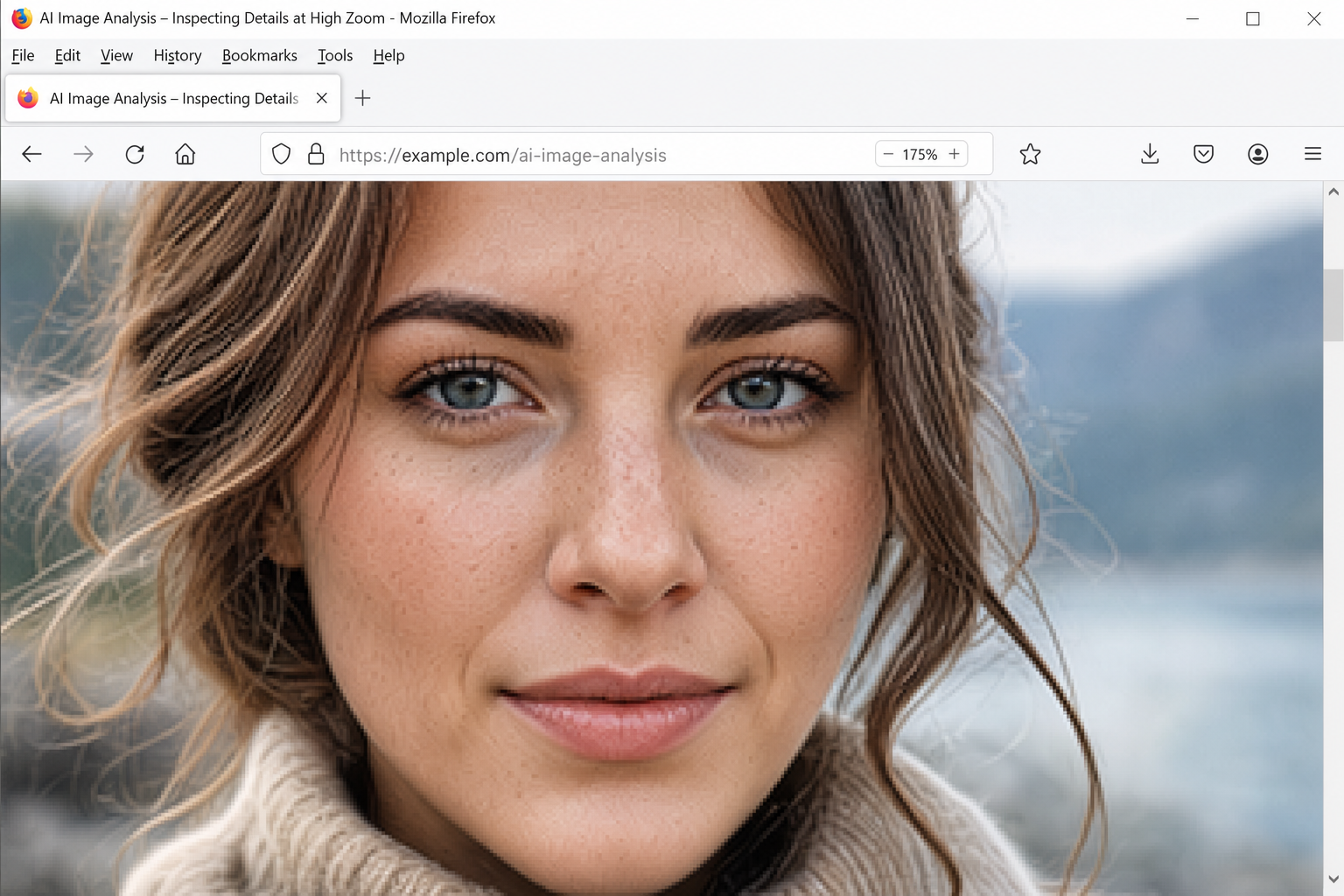 Browser window showing a suspicious image zoomed to approximately 150–200% with the browser zoom level indicator visible in the address bar area, illustrating the Level 1 hand/text inspection technique