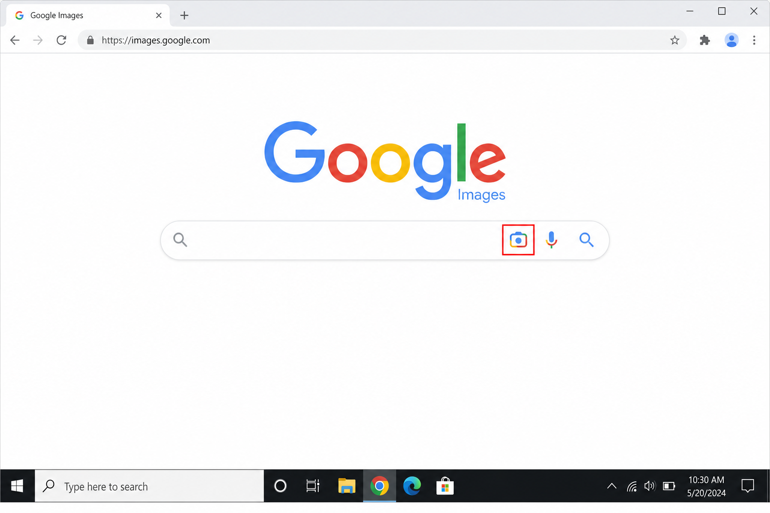 Google Images search bar showing the camera/image icon on the right side that initiates a reverse image search