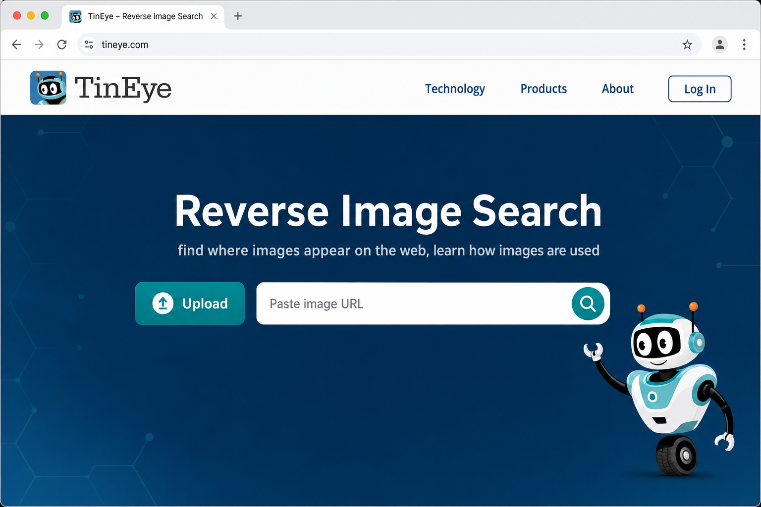TinEye homepage showing the image upload drag-and-drop zone and the URL input field side by side