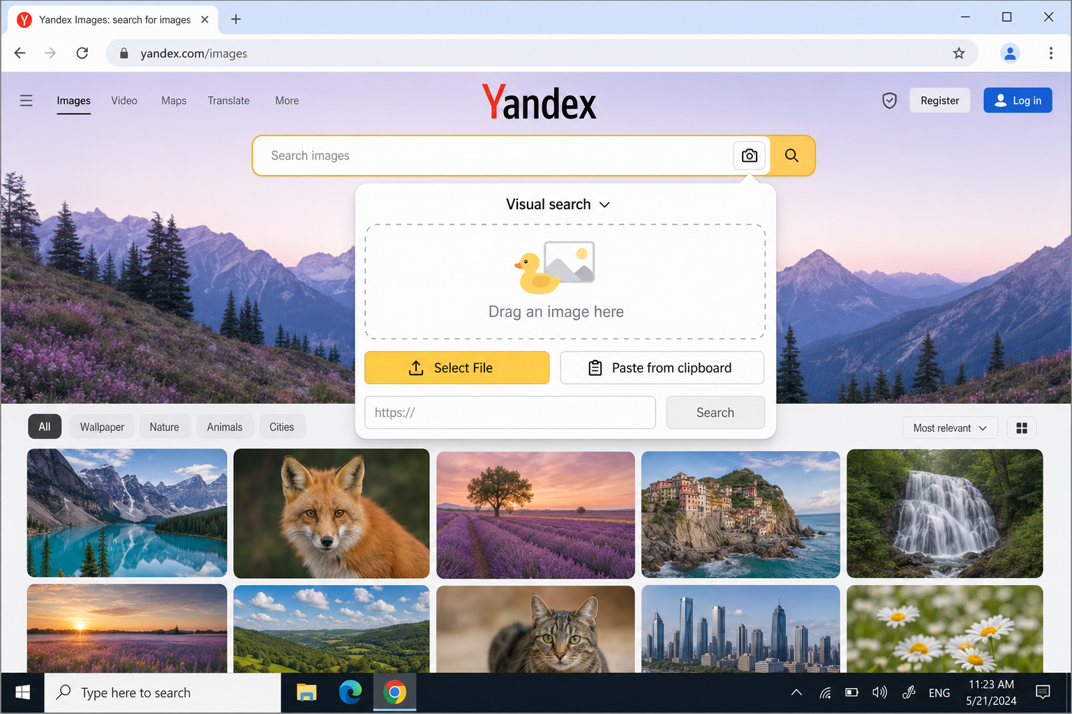 Yandex Images search interface showing the camera icon in the search bar and the image upload option that appears after clicking it