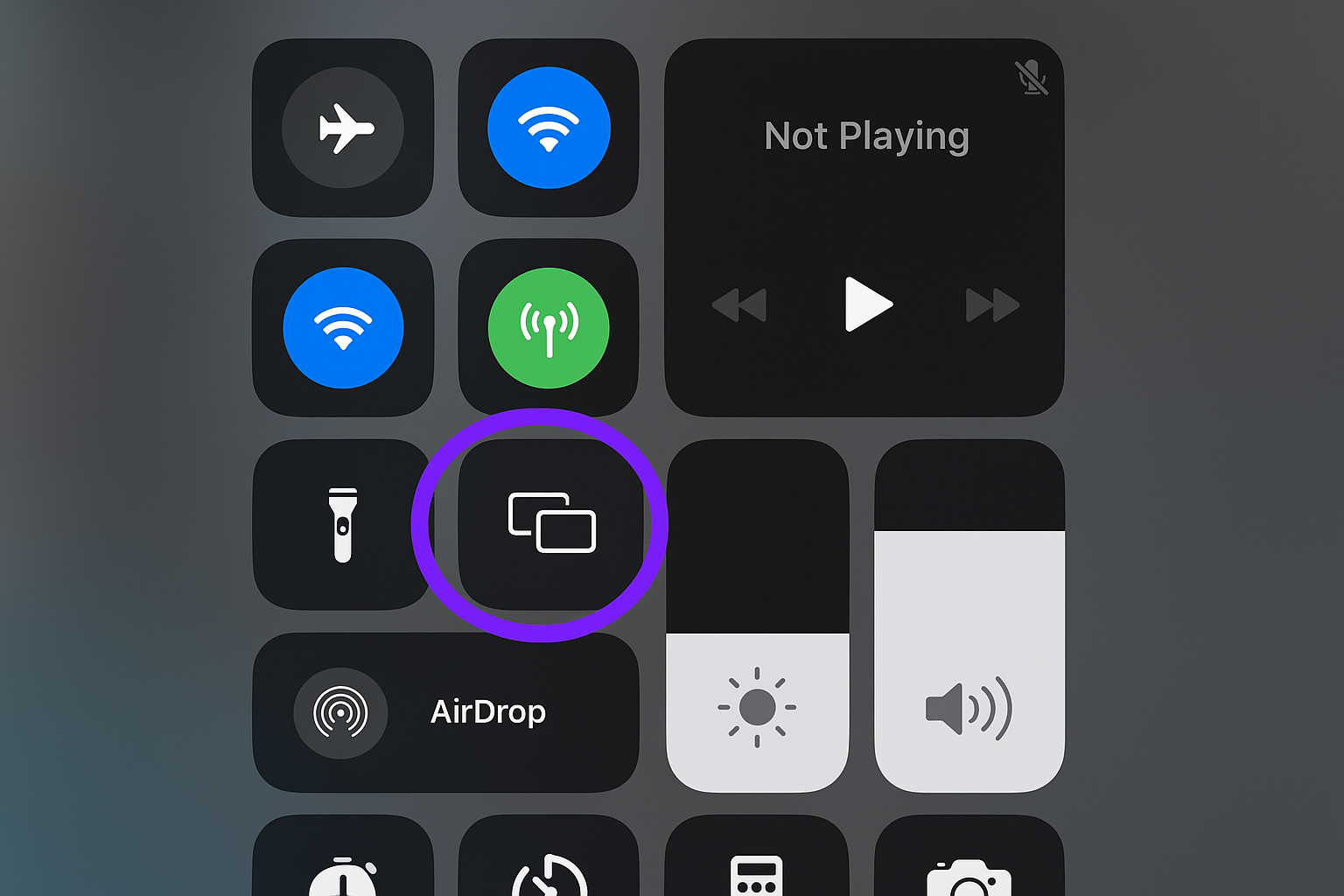 iPhone Control Center with Screen Mirroring button highlighted