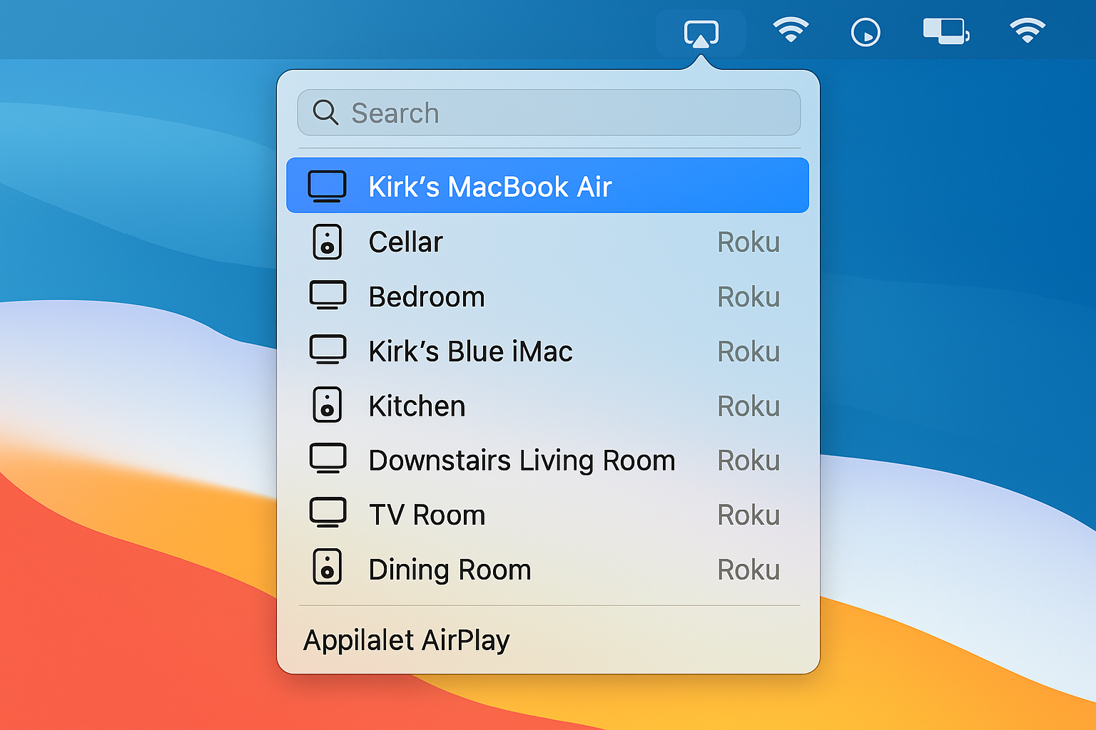 macOS AirPlay menu showing multiple Roku devices with room names