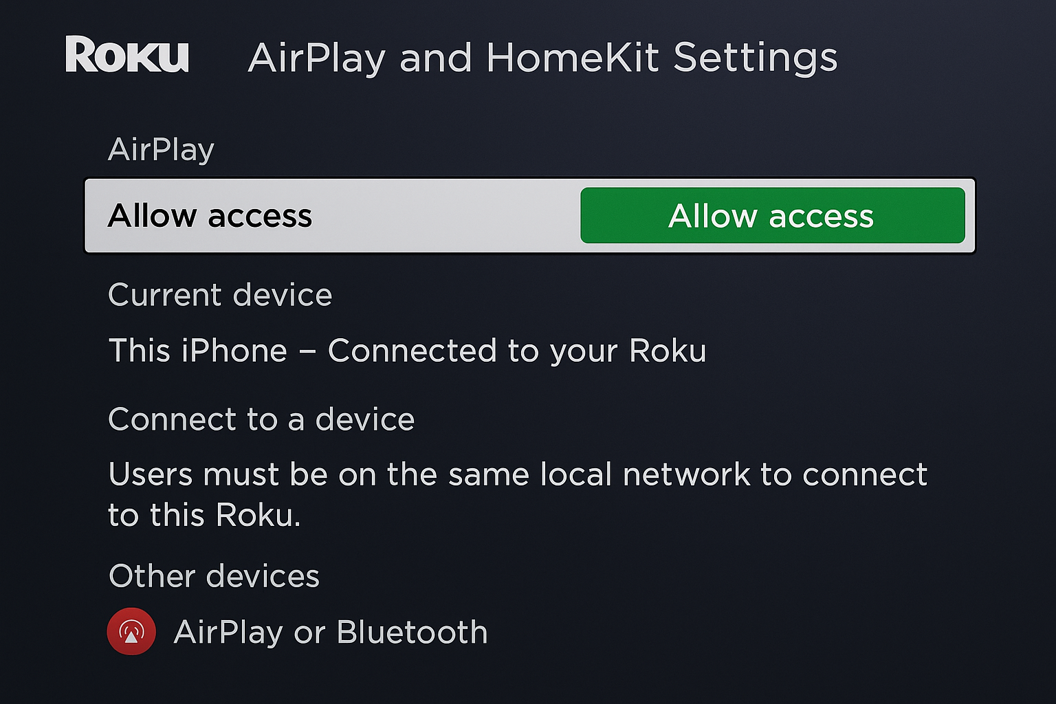 Roku AirPlay security settings showing access control options