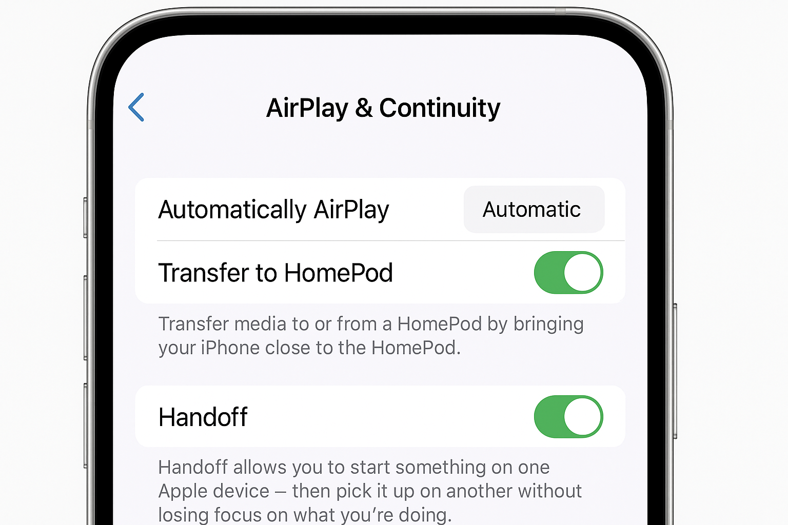 iOS Settings showing AirPlay & Handoff options with automatic connection settings