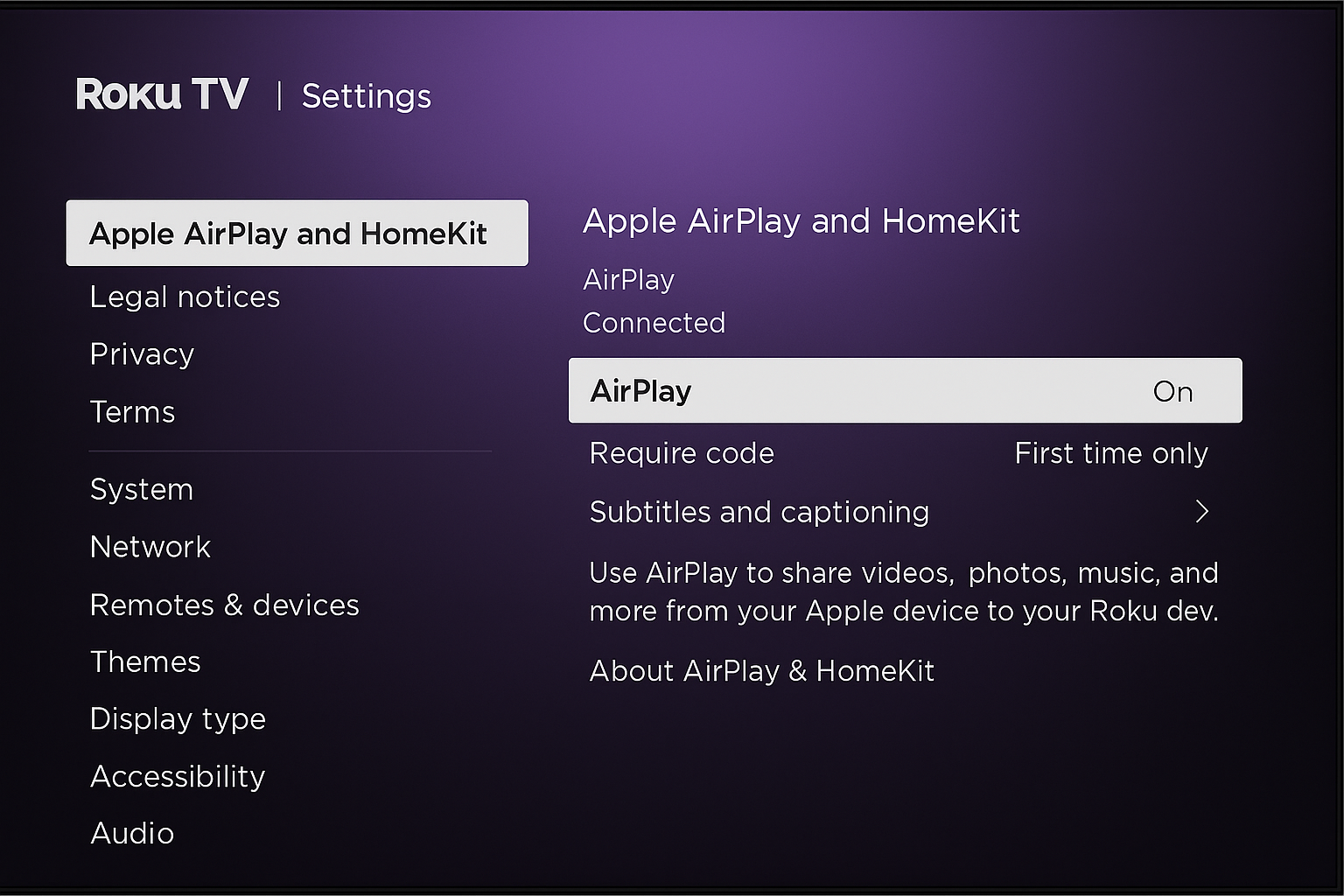Roku admin dashboard displaying single active AirPlay connection status