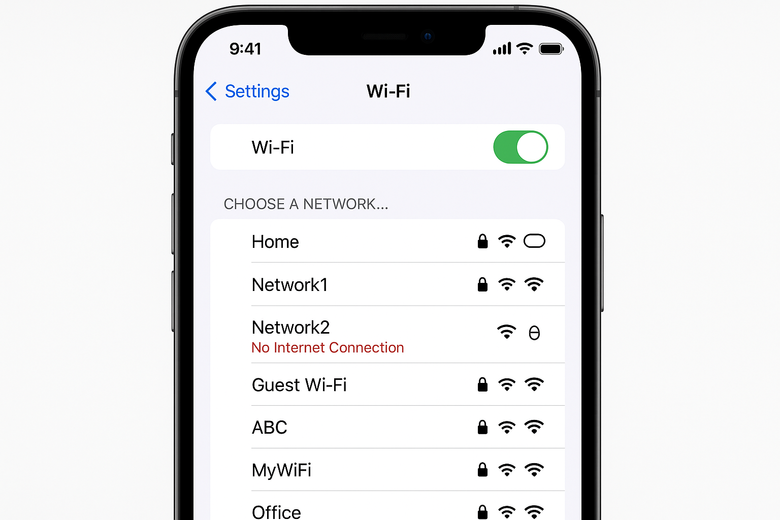 iPhone Wi-Fi settings screen showing network info and failed connection to Roku