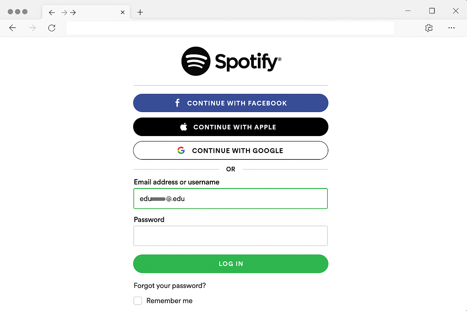 Spotify account creation form with .edu email field highlighted