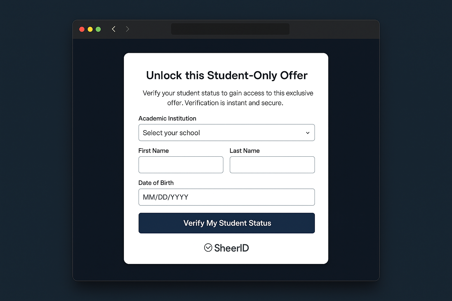 SheerID verification form with school selection dropdown and student information fields