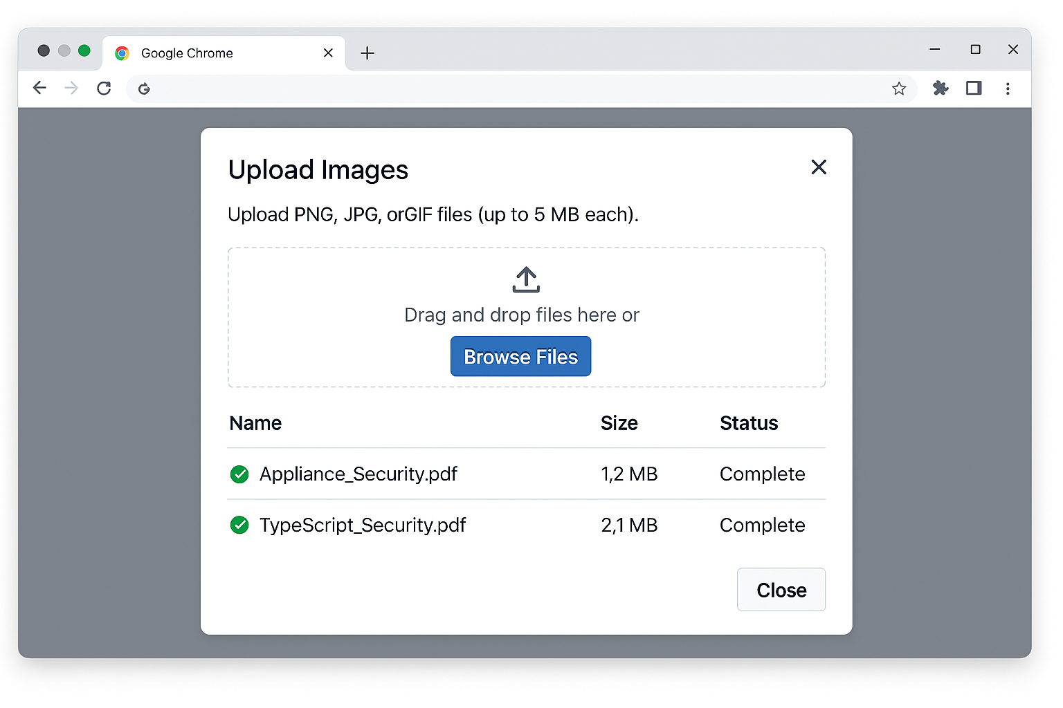 Document upload interface showing file format requirements and upload area