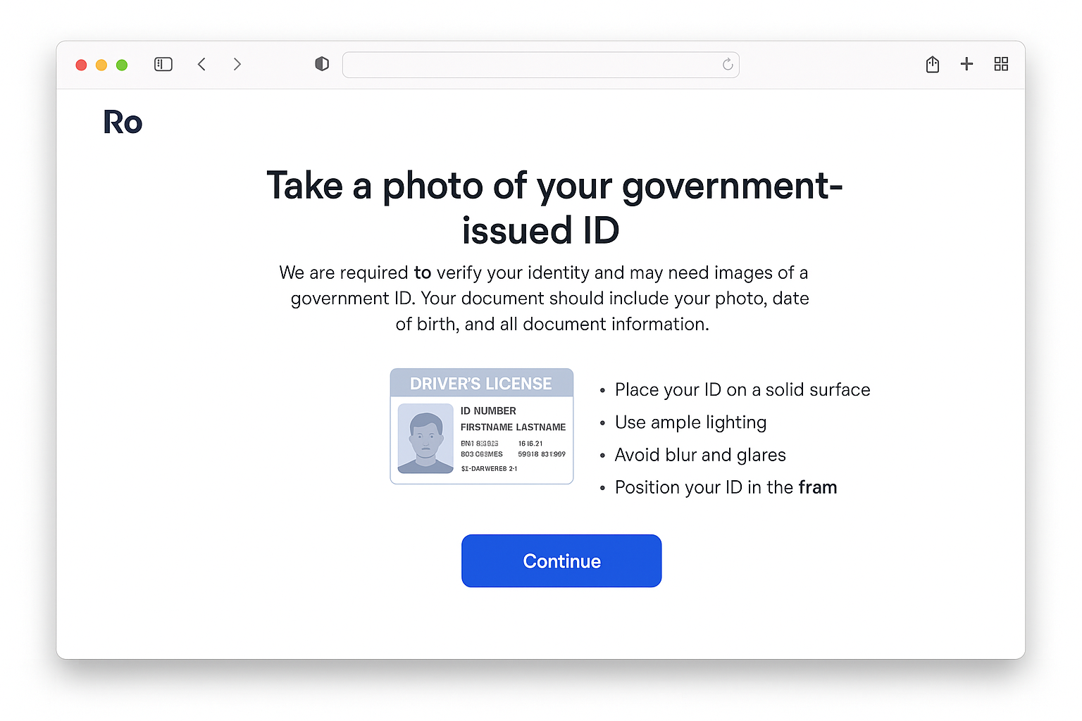 Government ID upload screen with photo quality guidelines