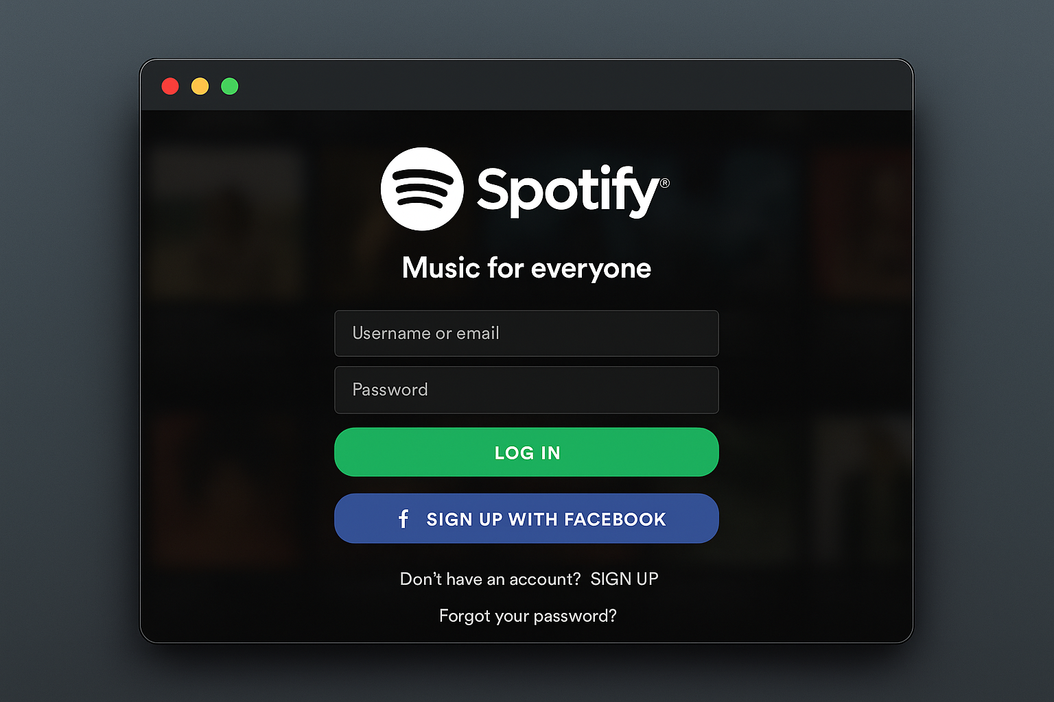 Spotify desktop app login screen on macOS