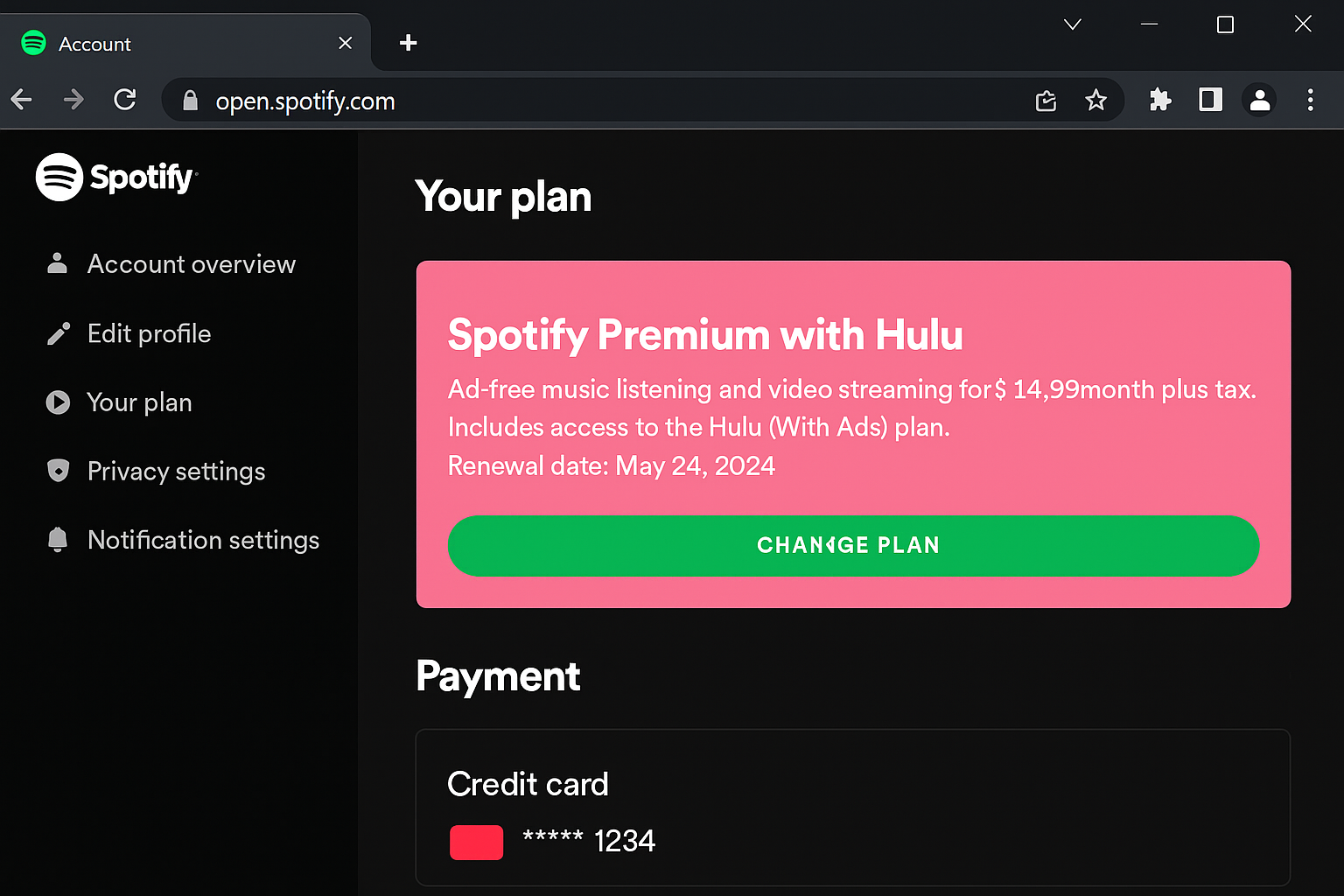 Spotify account settings page showing Hulu connection option
