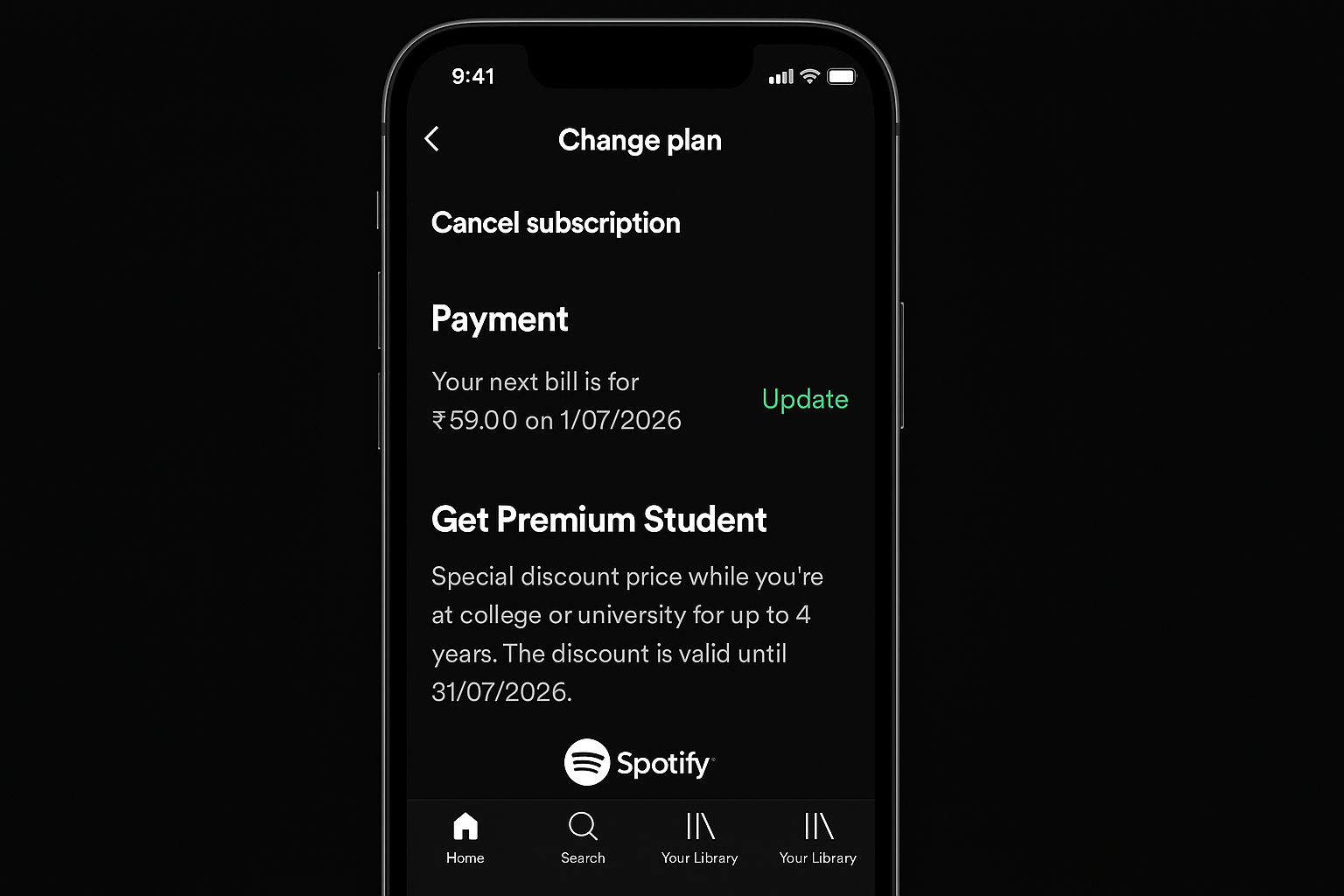 Spotify billing management showing student bundle subscription details