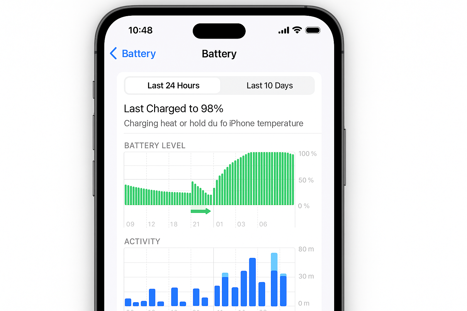 iPhone Settings > Battery > Charging showing charging curve graph and estimated time to full