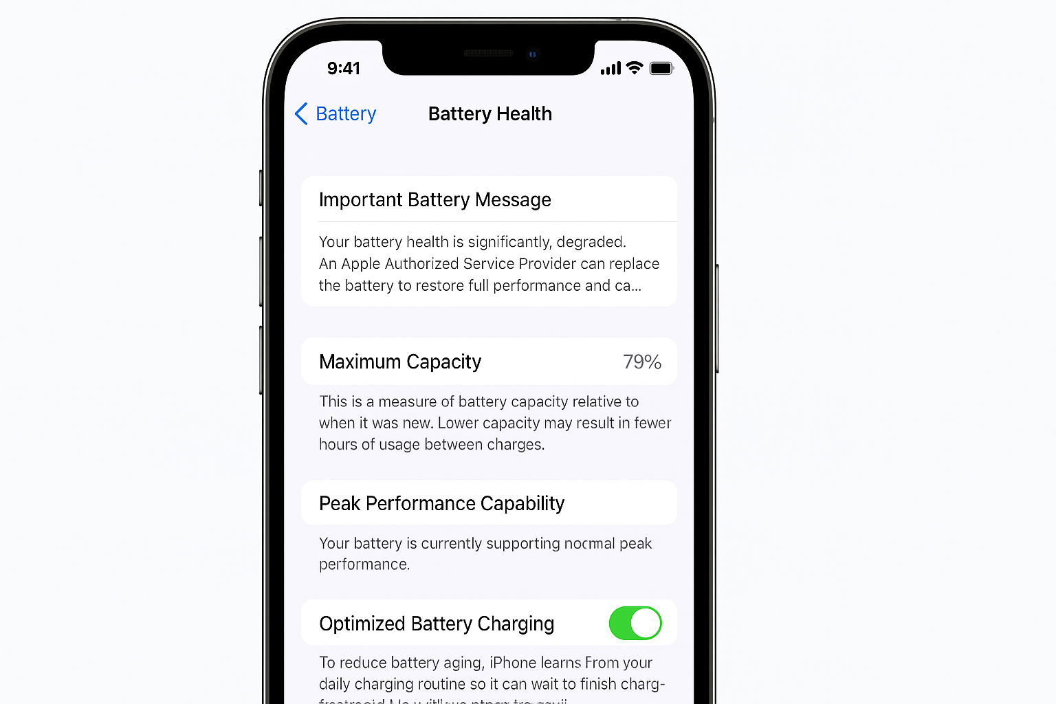 iPhone Settings > Battery > Battery Health showing maximum capacity percentage and peak performance capability