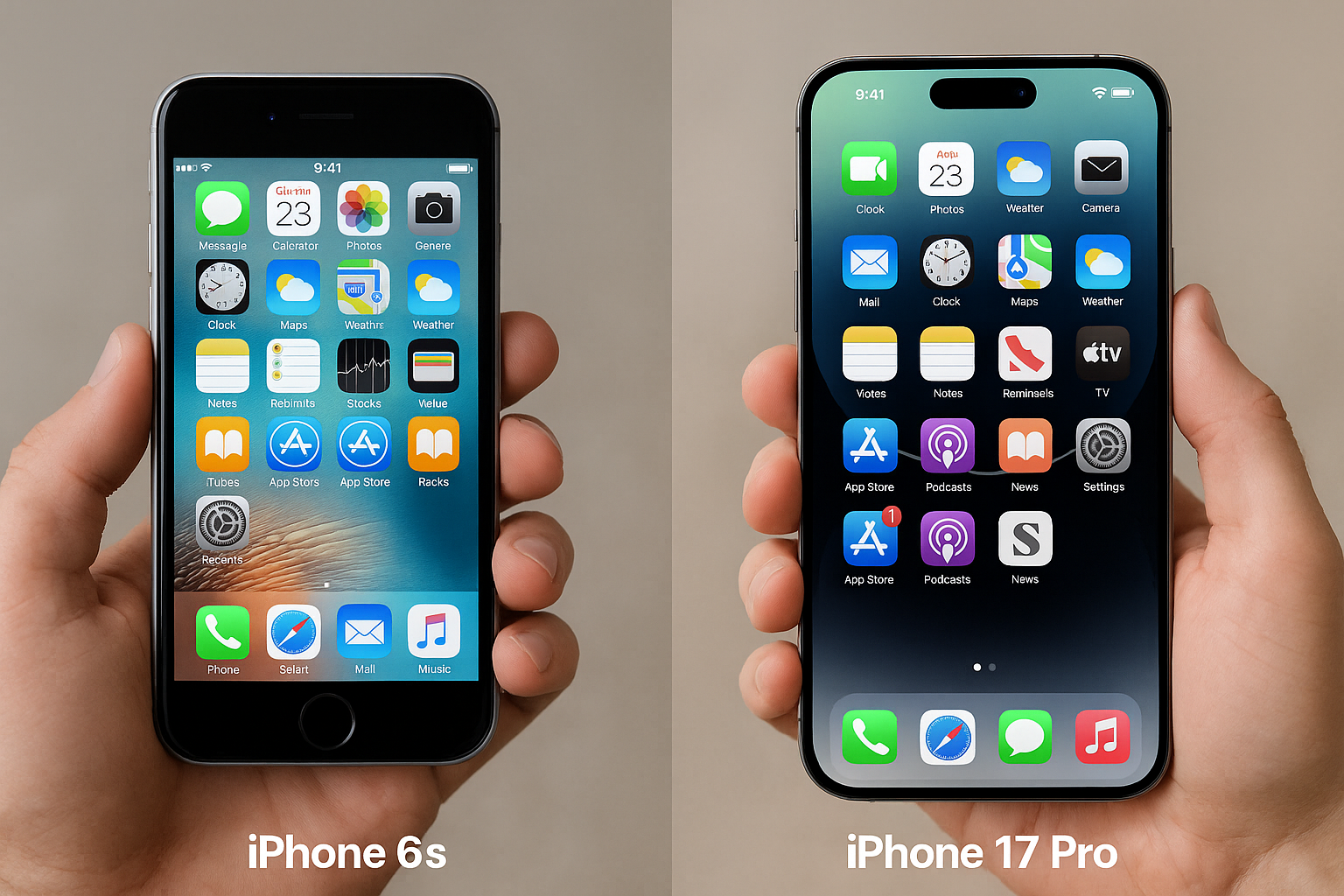 Side-by-side comparison of iPhone 6 and iPhone 17 Pro with charging speed indicators