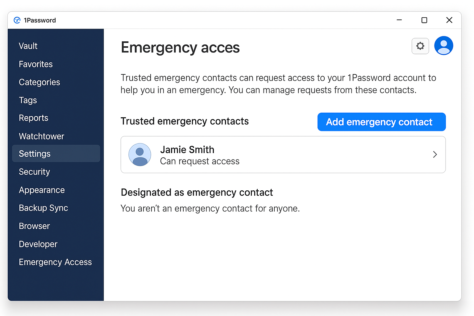 1Password emergency access setup page showing how to add trusted contacts