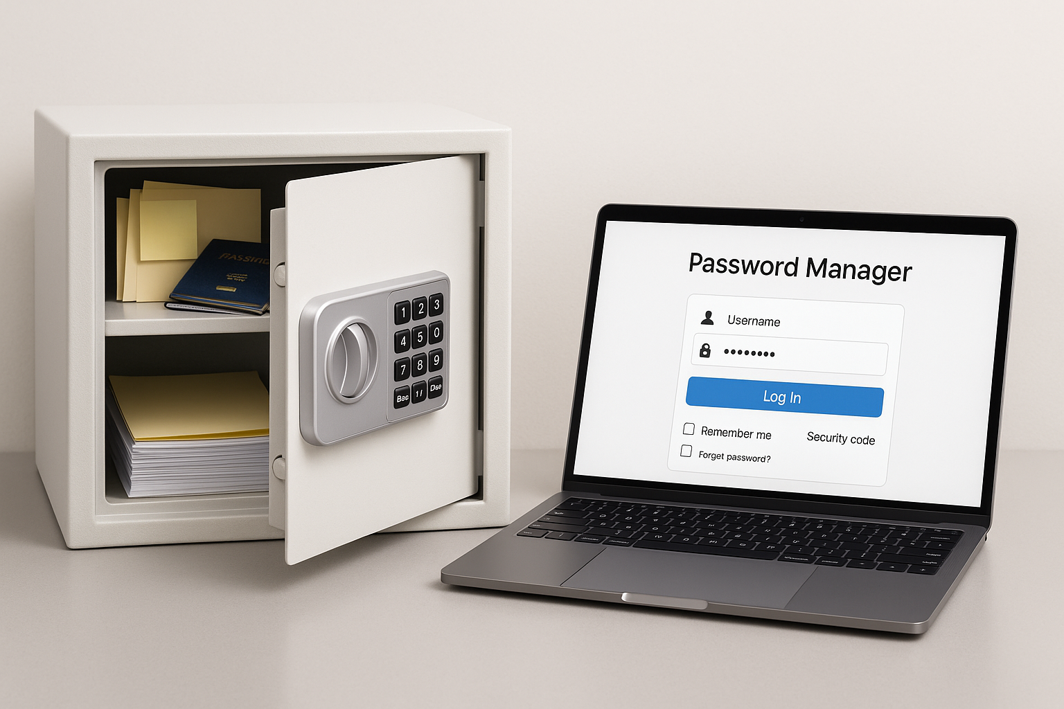 Safe deposit box containing printed documents next to laptop with password manager