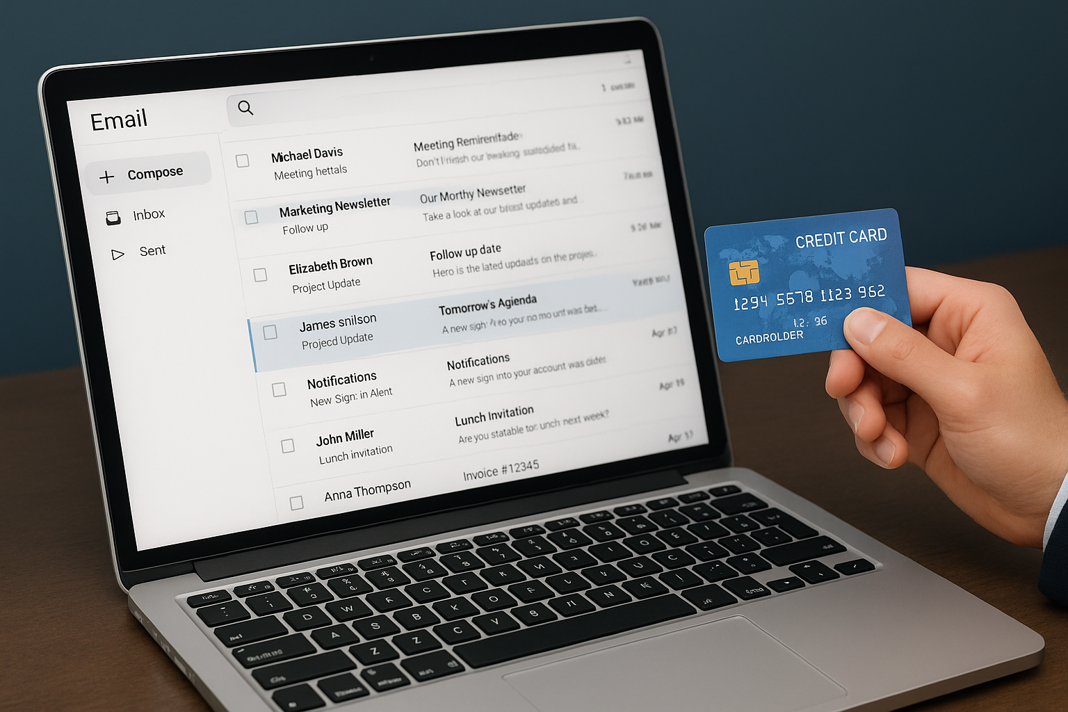 Person reviewing email notifications and credit card statements on multiple screens