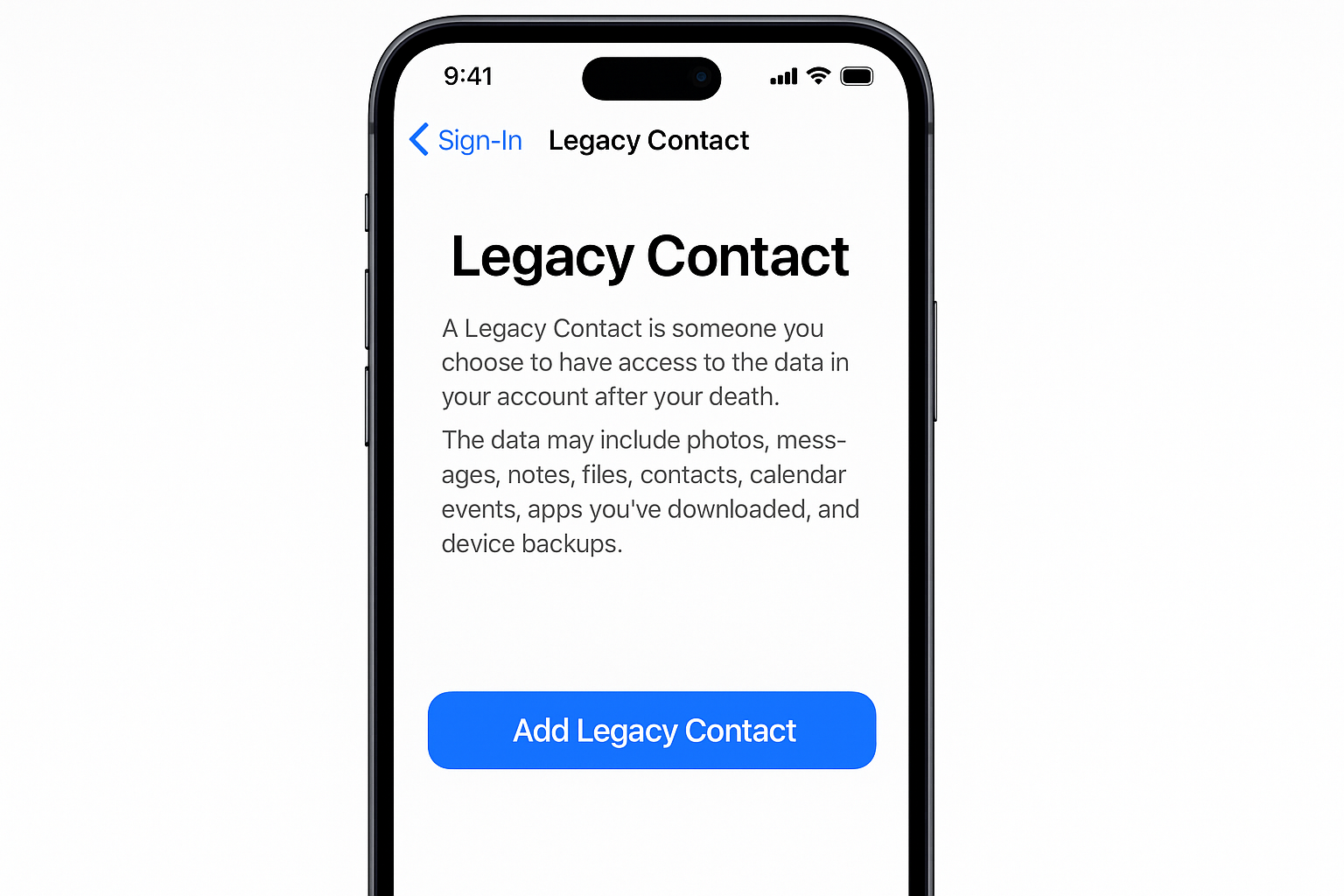 iOS Settings showing Legacy Contact setup with Add Legacy Contact option