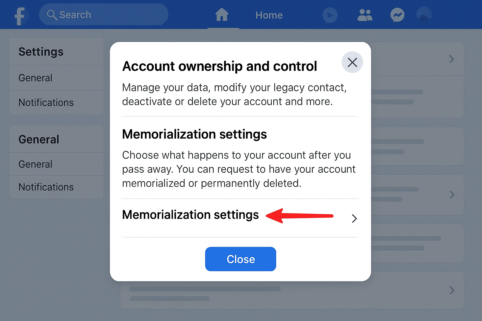 Facebook Memorialization Settings page with legacy contact options