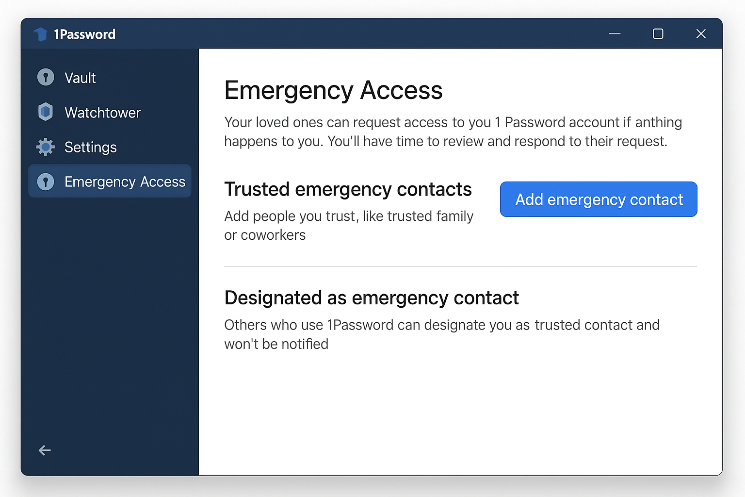 1Password emergency access settings showing trusted contact setup and waiting period options