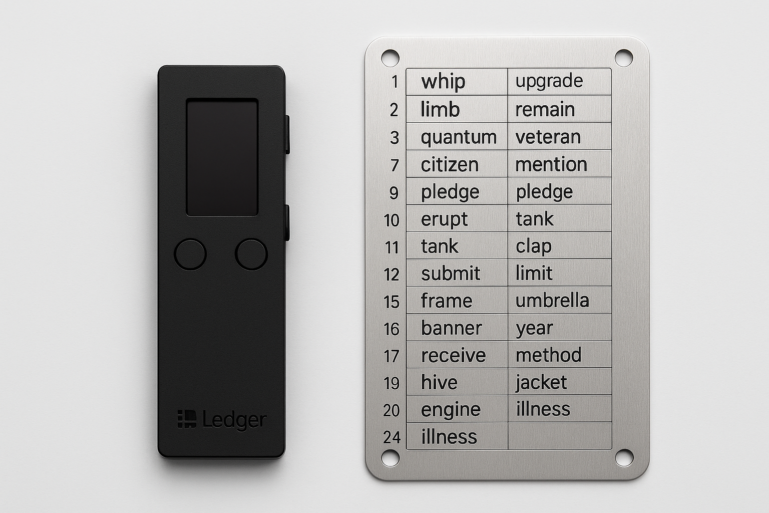 Hardware crypto wallet next to handwritten seed phrase on metal backup plate